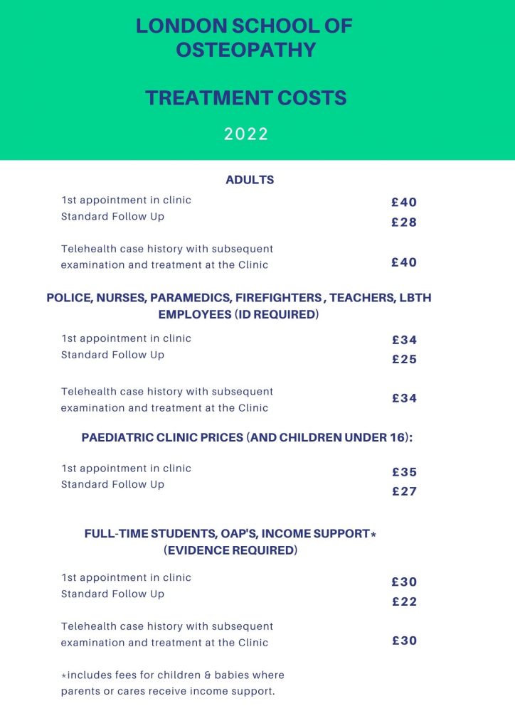 London School of Osteopathy Treatment Costs 2022